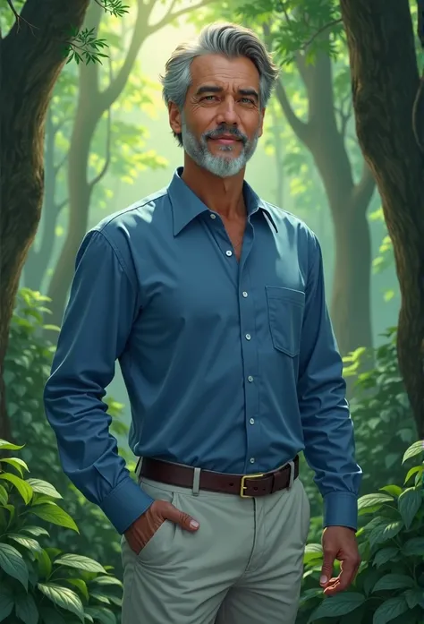 arafed man in a blue shirt and white pants standing in a forest, portrait shot 8 k, looking majestic in forest, inspired by Rudy Siswanto, realism artstyle, soft portrait shot 8 k, 8k portrait render, realistic artstyle, anime lush john 8k woods, photoreal...