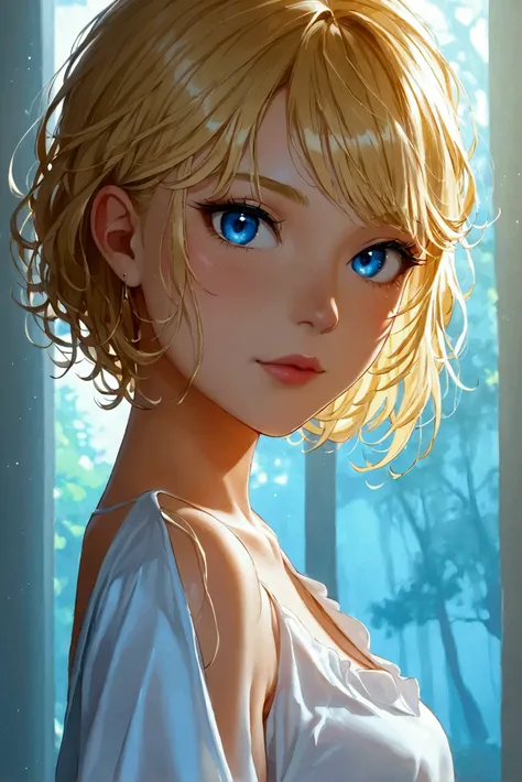 Female character, blond hair, Big hair, blue eyes, white shirt, short shirt, Enchanted expression, white pele, show feet, best quality , 8k, work of art
