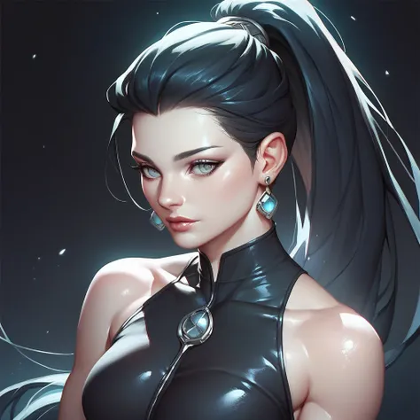 female black sleeveless catsuit with bare shoulders and racerback, bare toned arms, beautiful faces, black haired long ponytail with showing forehead, earrings, soft smooth skin, pale skin, black background, gray eyes, sci-fi