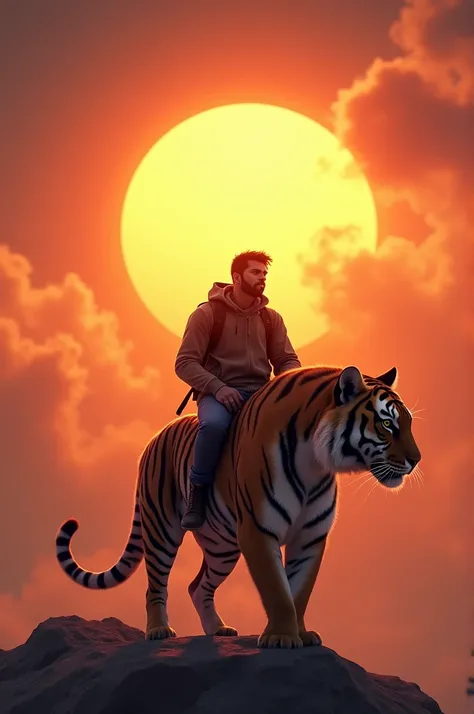 A man Riding tiger catching the sun on the sky 