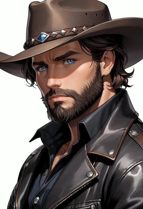 A 33-year-old man, he wears a cowboy hat, has blue-grey eyes and short dark brown hair, he has a medium-length beard. He is wearing a black leather jacket and appears thoughtful