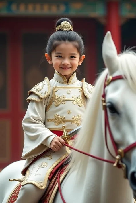 Chinese smart lovely little smile boy wear chinese ancient vintage white battle armor suit  with engraved art gold sword in left hand blurr riding royal white horse. Background chinese vintage palace 