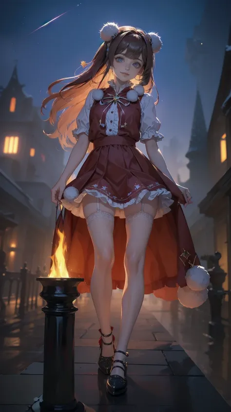 ( full body, legs and shoes visible: 1.2))  expressive eyes , woman, Pale skin, Long Hair,  hair fluttering like the wind, ((Long Hair)), long side lock , Princess Bangs, Hair bangs, Hair Bun, ((Long twin hair)),  Flaming Hair, Red Hair,  blanking in books...