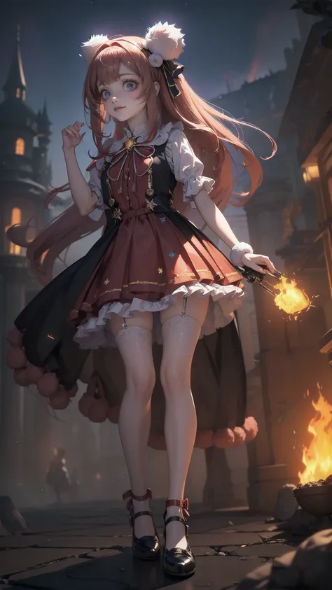 ( full body, legs and shoes visible: 1.2))  expressive eyes , woman, Pale skin, Long Hair,  hair fluttering like the wind, ((Long Hair)), long side lock , Princess Bangs, Hair bangs, Hair Bun, ((Long twin hair)),  Flaming Hair, Red Hair,  blanking in books...