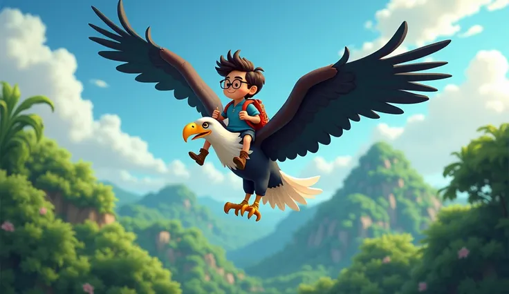 a cartoon  features wearing specs,navy colour shorts,blue t-shirt, boots and carrying trek bag is riding on  A cartoon black with white head enormous huge soaring eagle with big sparkling eyes is flying high  in sky over the jungle