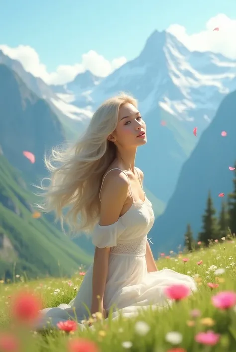 A beautiful woman with light hair, flowers, snow-capped mountains, summer