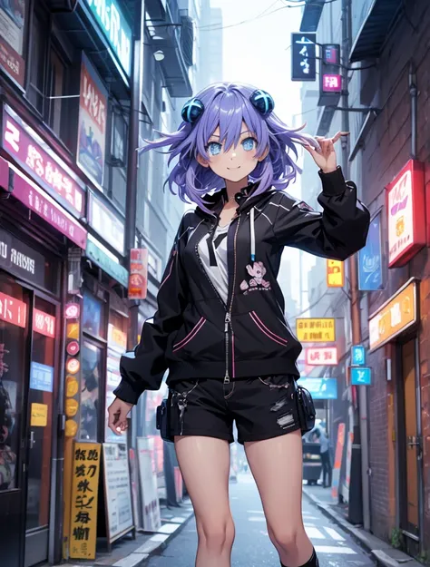 Masterpiece picture quality，Rainbow，Urban girl，ssmile，number art，style of anime，Retro anime girl，Punk girl，in an anime style，dual horsetail，Trendy，neonlight，depth of fields, perfil lateral delantero, ropa urbana con chaqueta abierta