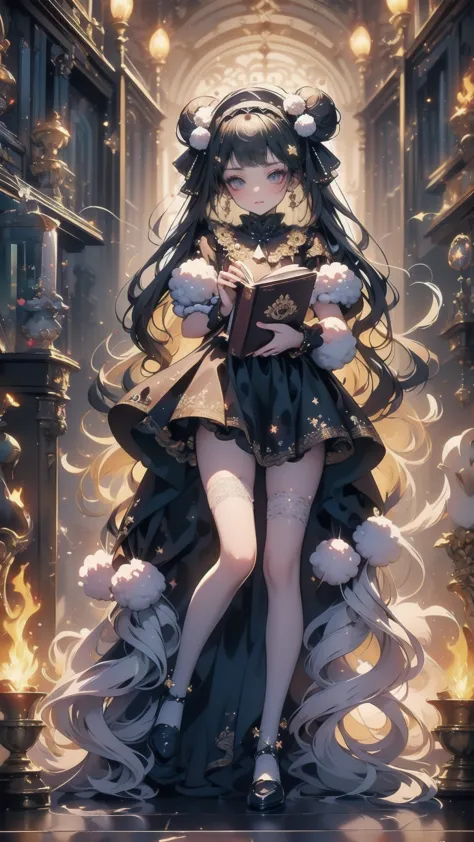 ( full body, legs and shoes visible: 1.2))  expressive eyes , woman, Pale skin, Long Hair,  hair fluttering like the wind, ((Long Hair)), long side lock , Princess Bangs, Hair bangs, Hair Bun, ((Long twin hair)),  Flaming Hair, Red Hair,  blanking in books, full face  blanking in books, Big Sparkling Red Eyes , ( gradient eyes),  open your mouth and smile, cute pose,
Flowing, fiery dress, (( Crimson Multicolor Open Dress )), (mist), Orange Frills, Yellow Frill, ( Light Red Lace ), Removable short sleeves,  Fluffy skirts , ((Fire and Star Print Skirt : 1.3)), ****There is a skirt。, Dark red bow, ((Pompom ribbon hair accessory : 1.4)), Multiple Bows,  Striped Lace Stockings , (Heart-shaped leg garters), cute (Deep Orange) shoes (( Highly Detailed Clothing and Fashion ))  is watching you, ,  blanking in books, (  BEAUTIFUL WITH DETAIL BEAUTIFUL EYES  ), ( Extremely High Definition CG Unity 8K Wallpaper) ( best shadow ), (( very delicate and beautiful)), (Detailed light), (( faces with a depth of writing )) Big Head, Big, bright eyes, Moe,  Splash Art ,  Movie Lighting, Front View,  Volumetric Lighting Extremist Photo Illustration with 64k Resolution Complex and Detailed Key Visuals Accurate Linear 
((With a dark palace in the background, surrounded by expensive decorations,  shooting stars )) ((Ultra detailed views ,  Foggy ,  Darkness : 1.3))