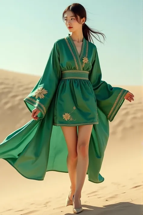  High resolution photo of a young Taiwanese girl standing，Slim Fit， green satin fabric flag robe ，Short skirt，Short sleeve，tight skirt，（ Gold floral embroidery on dress ：1.2）， round cut on chest ，Sand with heels ，（Floating clothes），（perspective），