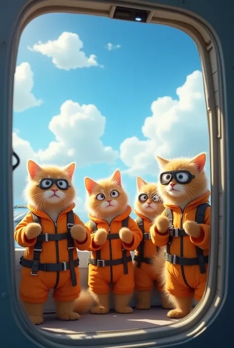 Preparing for the Jump

Description: A group of orange cats, each dressed in colorful mini skydiving suits and wearing goggles, stand at the open door of a plane. The wind rushes past them, making their fur puff up hilariously. The cats share excited meows...