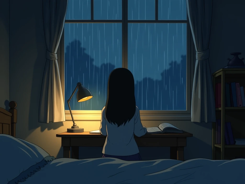 A girl studying, seen from behind, with rain falling outside the window. The room is dimly lit, with a lamp glowing on her desk. A neatly made bed and a two-tier bookshelf complete the scene, by studio ghibli