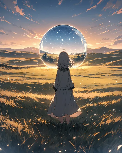  one gray-haired girl looking at the snow globe、 medium hair 、smile、grassland、 facing here