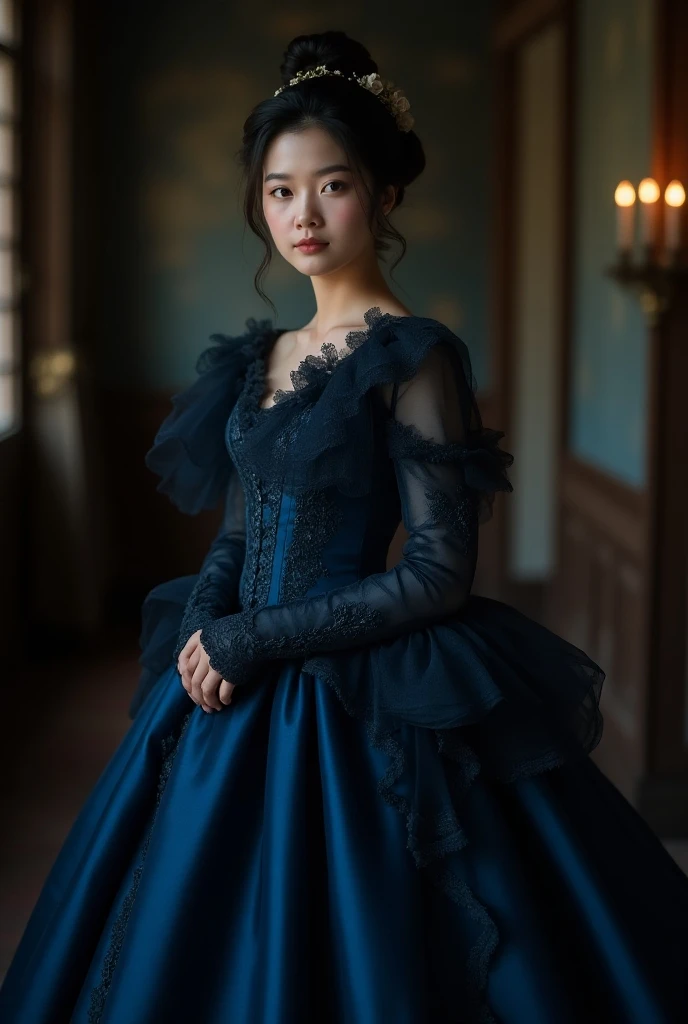 Create an image of a Korean woman wearing a navy blue Victorian Era dress with the image size of 698x1030