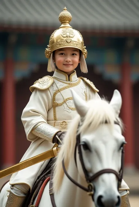 Chinese smart lovely little smile boy wear chinese ancient vintage white battle armor suit  and gold vintage helmet with engraved art gold sword in left hand blurr riding royal white horse. Background chinese vintage palace 