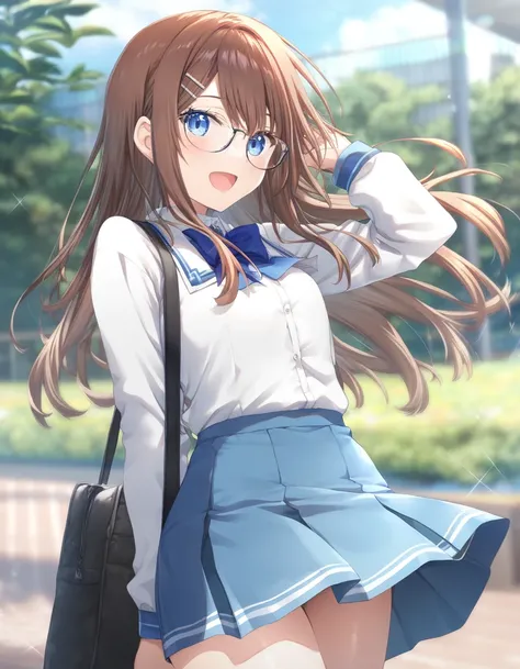 1girl, little female, school uniform, beautiful breasts, glasses, open mouth, outdoors,wind, game CG break,((artist:shida_kazuhiro)),(artist:mitsumi_misato),(artist:fujiyama),,(masterpiece), (best quality), (ultra-detailed), very aesthetic, beauty illustra...