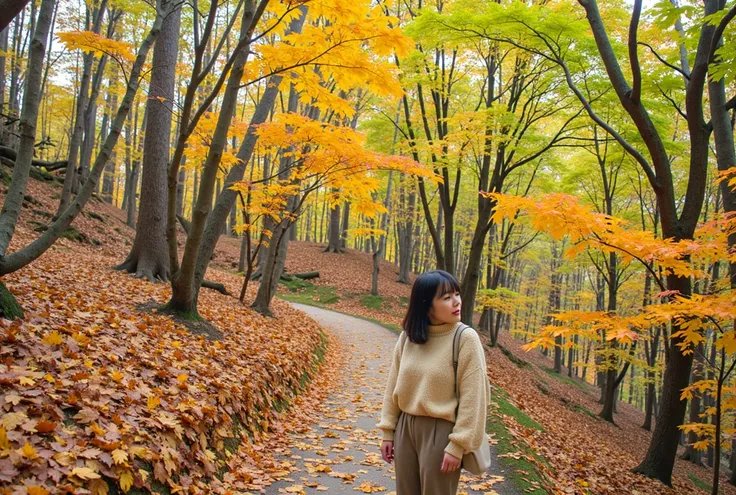 A beautiful short Korean woman in her 50s 、short medium length hair、 natural color outfit 、 natural look、 Top Quality 、 ultra-detailed 、High quality detailing 、8ｋ、Colored leaves :1.5、 deep autumn forest 、A beautiful Korean woman in her 50s .  wore a luxury...