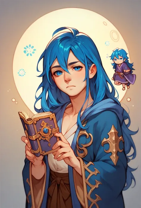 Chibi Drawing, woman,solo,Blue Hair,  blue eyes,  long hair,  wizard,Robe,Stand,anime, middle ages,Adventurer,Young people, Fantasy,Downer, mysterious,sleepy