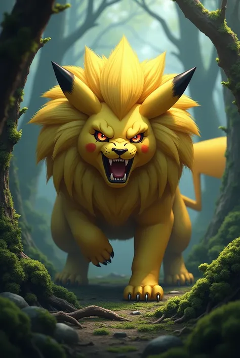 hybrid creature mix of Pokemon Pikachu and lion in forest (scary image)