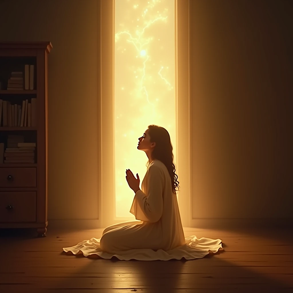 Illustrate a person praying with closed eyes in a secluded room at dusk. A soft, golden light shines around them, representing God’s unseen presence and His promise to reward what is done in secret, filling the room with peace and warmth.