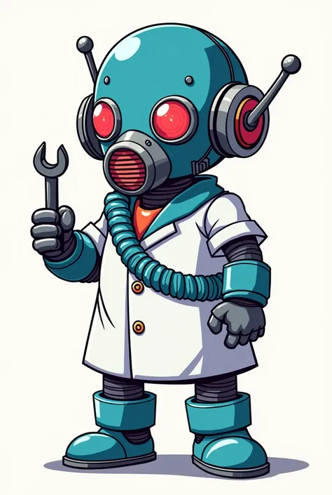 A chibi humanoid robot inspired by Tori-bot, drawn in Akira Toriyamas Dragon Ball anime style, wearing a gas mask. The robot has mechanical arms (one hand is a wrench) and is dressed as a scientist with a white lab coat, blue sash, and blue boots. The styl...