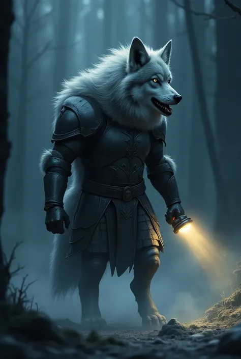   depicts a ,  walking in the dark with a ,  concept art by Otakar Kubin  , Winner of the Artstation competition, furry art, wolf armor,  husky wolf in shiny armor , an anthropomorphic wolf, Great Wolf ,  dark - wolf , fluffy wolf,  flashlight riding a gia...