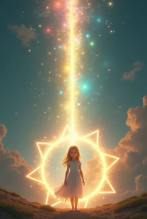  standing in the center of the frame and looking straight at the camera 、詳細で非常に realな可愛い女の子。Behind the pretty girl 、 a large pillar of light extends from the earth to the sky 、 a magical seven-sided ring of colorful light radiates from the cute girls back。...