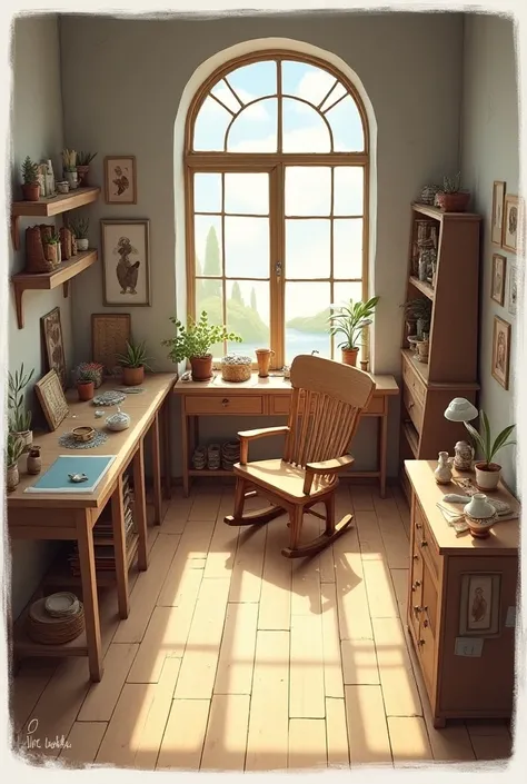  Create the plan of an artisans studio on a grid 9 meters wide by 6 meters deep, Add a rocking chair in front of a window 
