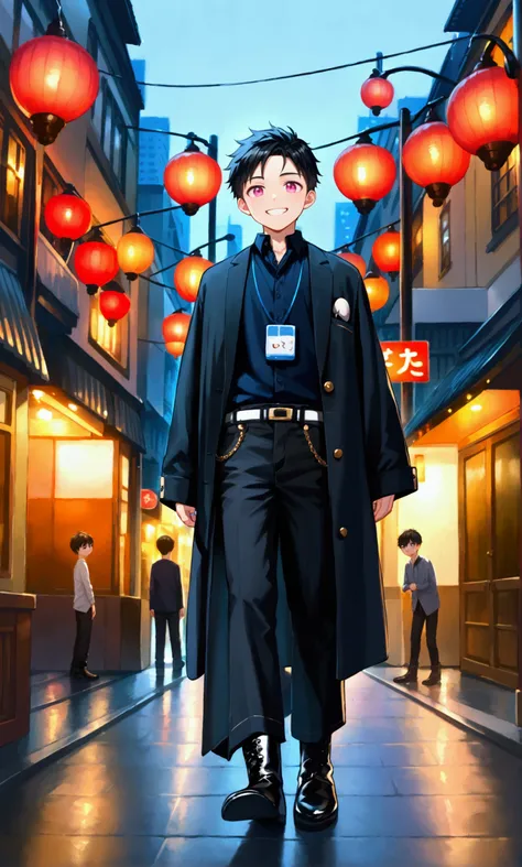  young guy,  with a big smile with teeth ,  black short hair , big pink eyes, dressed in a short, unbuttoned black haori and loose black baggy pants, black high boots ,  walks against the city at night 