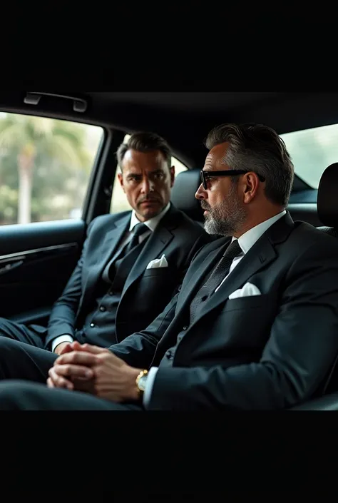 a rich adult man talking to a businessman inside a black car