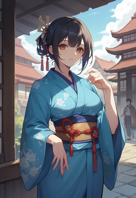 Blue kimono、 anime girl、village、Sengoku period、Black Hair、Fantasy Princess、Front View、chest、Knead