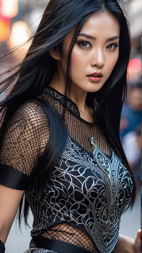 The beautiful Asian girl, with long black hair flowing like a river, an angular face with a beauty that combines fragility and strength, creating an extraordinary attraction.
She wore a metal and mesh T-shirt, combined with a short skirt, showing off her l...