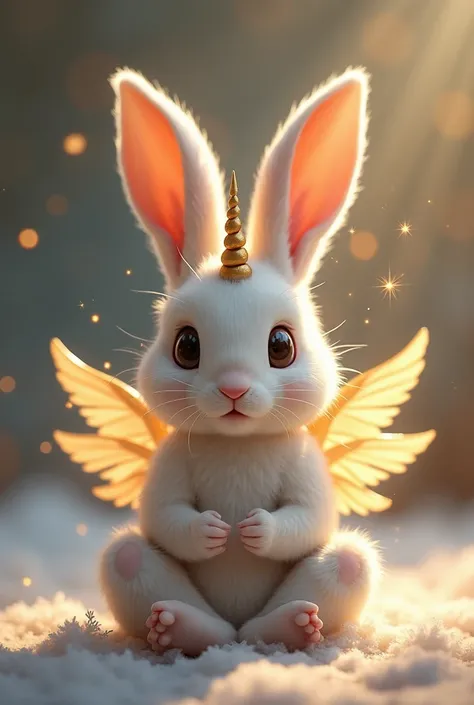 A baby rabbit with a small, spiraling horn and shimmering wings sitting cross-legged in a meditative pose: The rabbit’s serene expression and gentle, floating sparkles around it create a tranquil and magical ambiance.