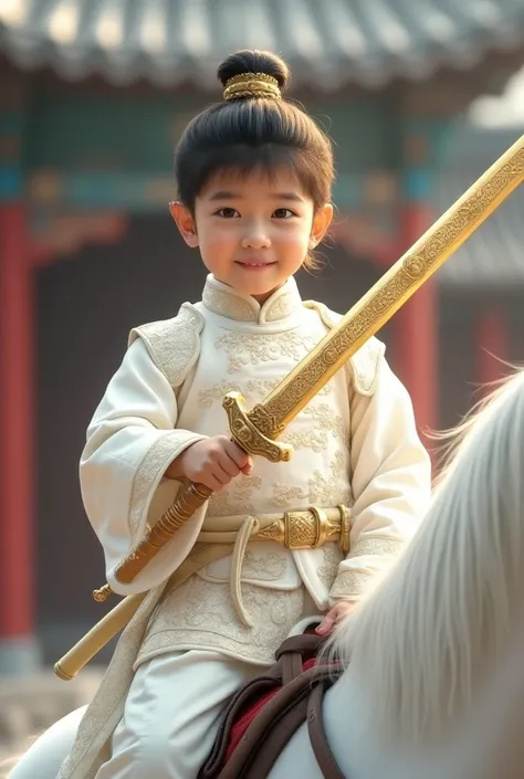 Chinese smart lovely little smile boy wear chinese ancient vintage white battle armor suit  with engraved art gold sword in left hand blurr riding royal white horse. Background chinese vintage palace 