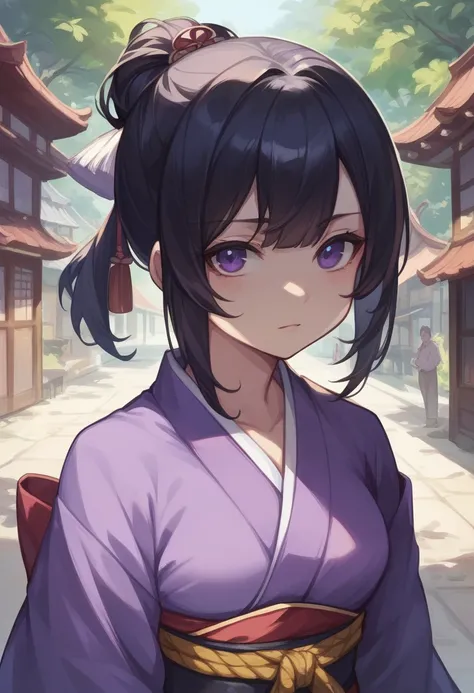 Purple kimono、 anime girl、village、Sengoku period、Black Hair、Fantasy Princess、Front View、chest、Knead