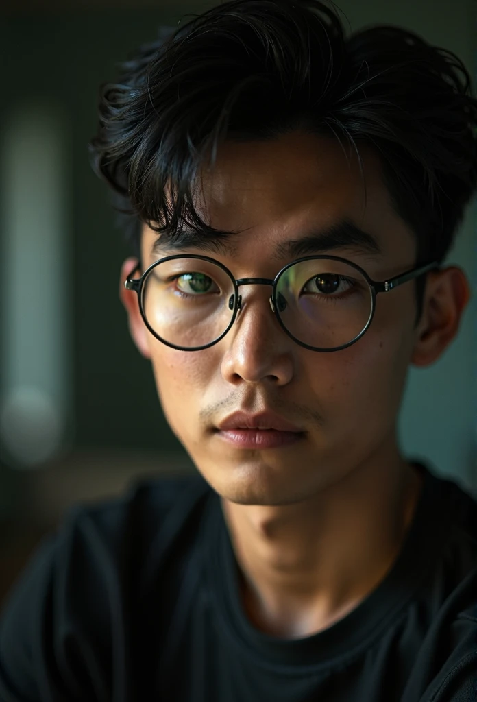 1人, 27years old，Sven is beautiful，its lovely，short eyebrows，Evil style, Wear a white T-shirt，Wear round-rimmed glasses, upperbody closeup, Soft lighting, Masterpiece level, Top quality, 8k ultra high definition, DSLR camera effect, filmgrain , Asian Male ,...