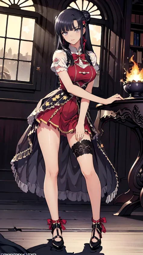 ( full body, legs and shoes visible: 1.2))  expressive eyes , woman, Pale skin, Long Hair,  hair fluttering like the wind, ((Long Hair)), long side lock , Princess Bangs, Hair bangs, Hair Bun, ((Long twin hair)),  Flaming Hair, Red Hair,  blanking in books...