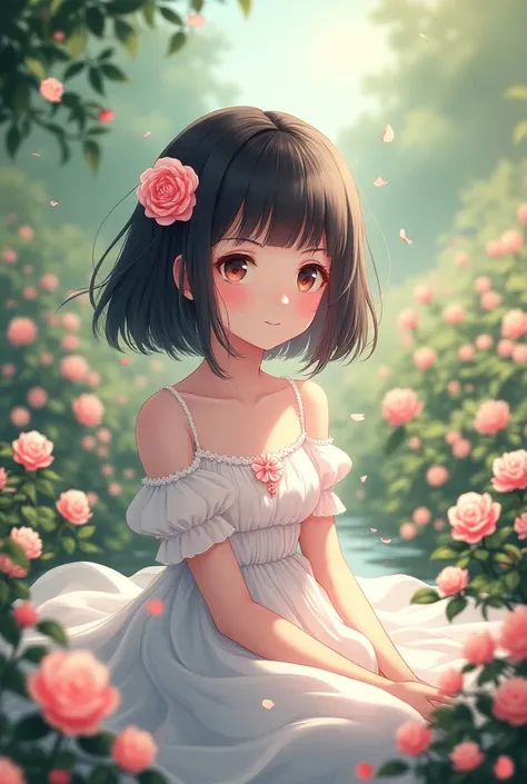 Beautiful anime girl with black hair wgite dress black eyes hair decorated with pink rose, smiling with eyes close, in a beautiful flower fantasy garden,  littlr girl 