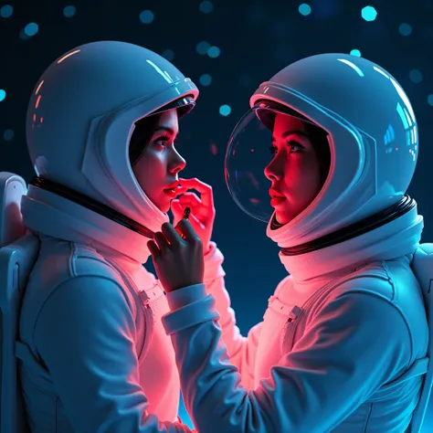 Female astronaut in white spacesuit in helmet, looking in mirror and painting lips with neon red lipstick, focus on lipstick, bright colors, starry sky background, 8k, detailed and cinematic