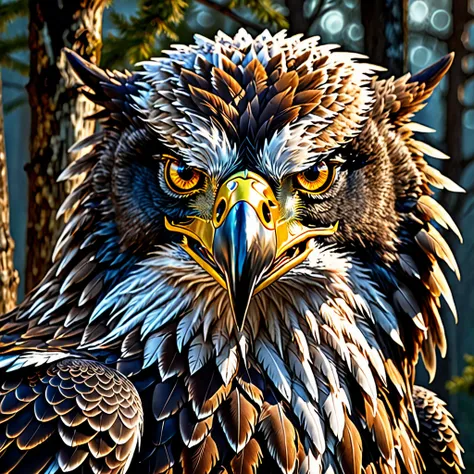 a crossbreed of eagle with wolf, beautiful detailed eyes, beautiful detailed face, beautiful detailed fur, feathers, wings, sharp talons, intense gaze, powerful muscles, photorealistic, hyper detailed, 8k, intricate details, dramatic lighting, dynamic pose...