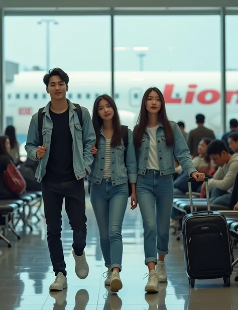 Photography realistic long shot full body photography of a handsome Asian man, wearing a light blue denim jacket, black t-shirt, black jeans, white sneakers, carrying a black backpack, Beside the man is two  beautiful Asian woman  they are wearing  casual ...