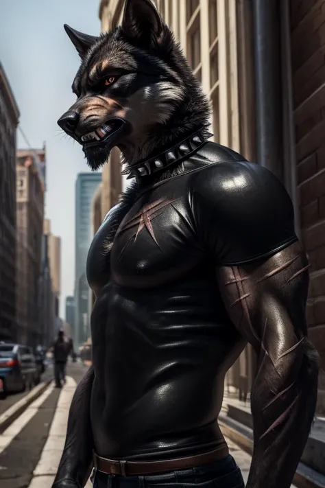 Masterpieces, furry, male, Anthropomorphic, black wolf, ebony, veiny, slim fit body, Delicate eyes, white goatee, glistening body, street thug, depth of field, perfect lighting, (best quality),(masterpiece),(ultra detailed), sharp focus, detailed backgroun...