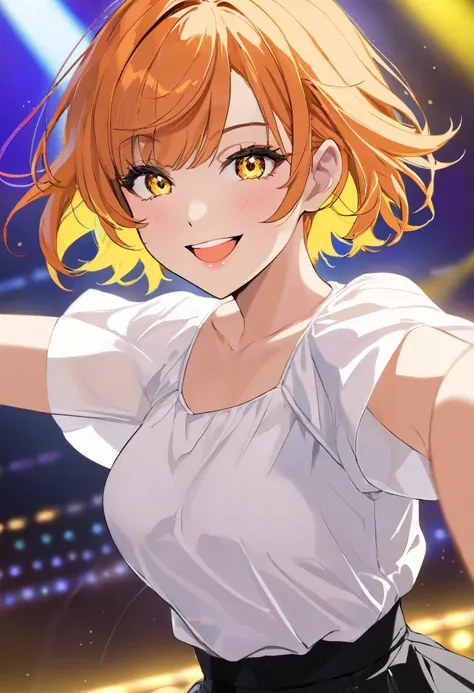  cool adult woman 、 orange short hair and yellow eyes、 white blouse、Neon stage background 、 bullish smile  、( face close-up)、Dance