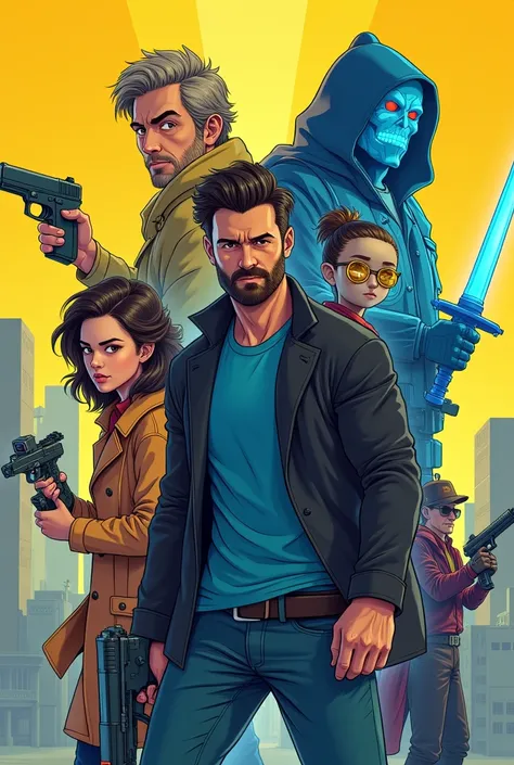 man in black hair and short beard wore black blazer and blue t shirt and jeans holding lazer gun as main character, young gorgeous fair woman in black hair wore long brown coat holding robo broken hand,
Old freaky man in yellow jerkin holding video game jo...