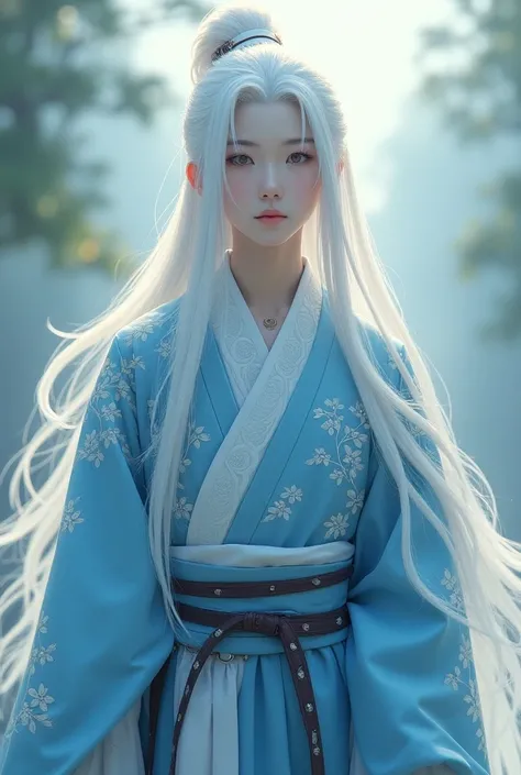  Handsome 16-year-old Japanese man , Long white hair,  wearing medieval sky blue and white clothing, embroidered with a crane 