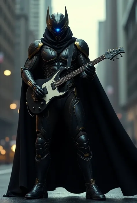 The image shows a person dressed in a futuristic suit of armor, playing an electric guitar. The person is wearing a black helmet with a futuristic design on the front and a black cape draped over their shoulders. The helmet has a blue light on the top, giv...