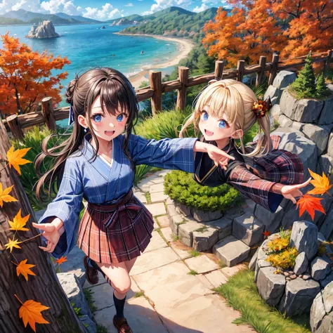 Chestnut Hair、 blue eyes、Hair tied up、Two cute、 plaid mini skirt 、 BLACK T-SHIRT、 Long Sleeve 、kimono、striped high socks、Teeth are visible、lawn、The stone is cracked、Uneven ground、The road is curved、Diamond Earrings、View from above、Large autumn tree、Mountai...