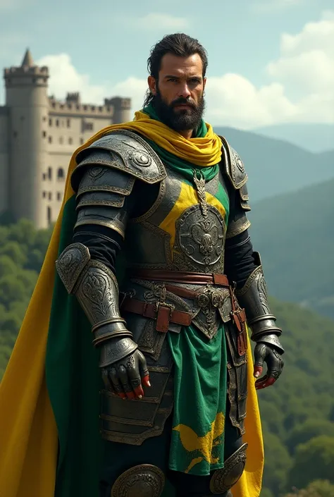 A medieval warrior dressed in the Brazilian flag