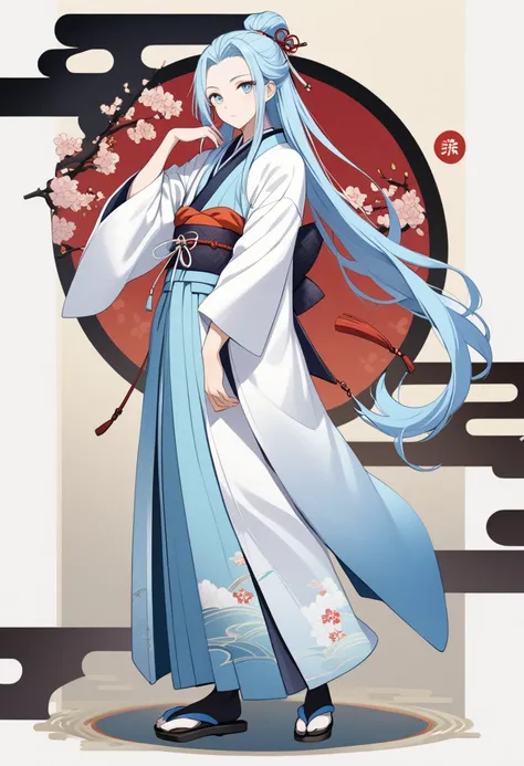 boy, full body,long hair tied back, light blue hair, light blue eyes,looking at viewer,Japanese clothing