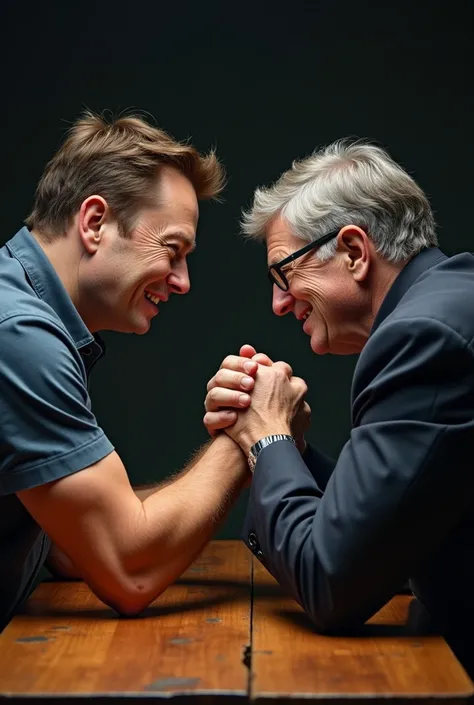 Real Elon Musk,Real Bill Gates Arm Wrestling On Table Elon Musk Pinned Down On Table 