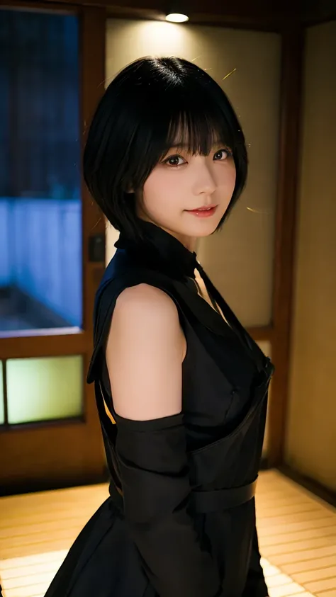 Appearance characteristics**:  black hair short bob hair、 Calm Vibes 、YOUNG JAPANESE WOMAN -COSTUME **: black bodysuit 、Batwing（Devil&#39;s Wings）、Red Corner、 fishnet tights、bewitching devil design
- Environment **: Night Room 、 lens flare 、 Natural lighti...